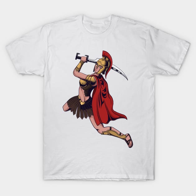 Spartan warrior woman in action with holding sword T-Shirt by Ardiyan nugrahanta